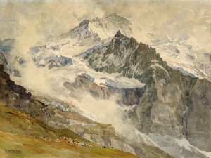 Alps with sheeps at the base of the mountain